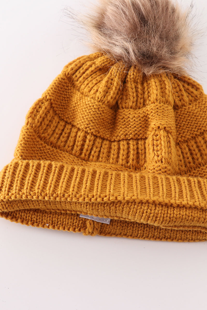 Mustard pompom cable beanie hat - 6