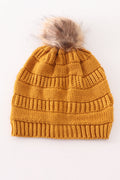 Mustard pompom cable beanie hat - 3