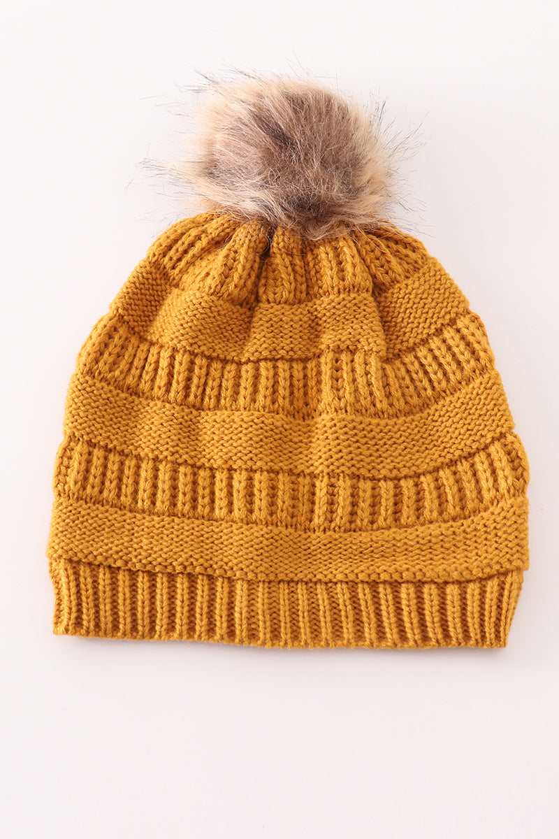 Mustard pompom cable beanie hat - 3