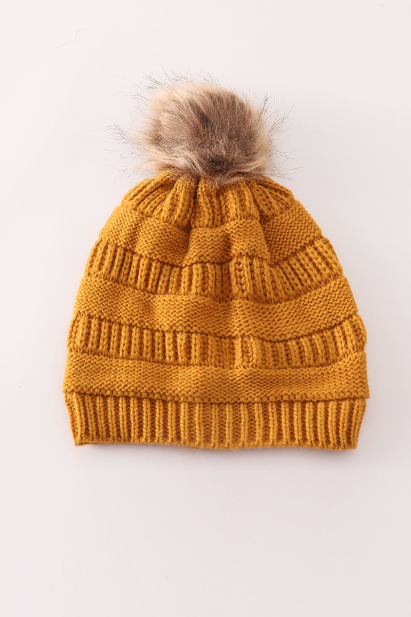 Mustard pompom cable beanie hat - 2