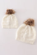 Ivory pompom cable beanie hat - 1