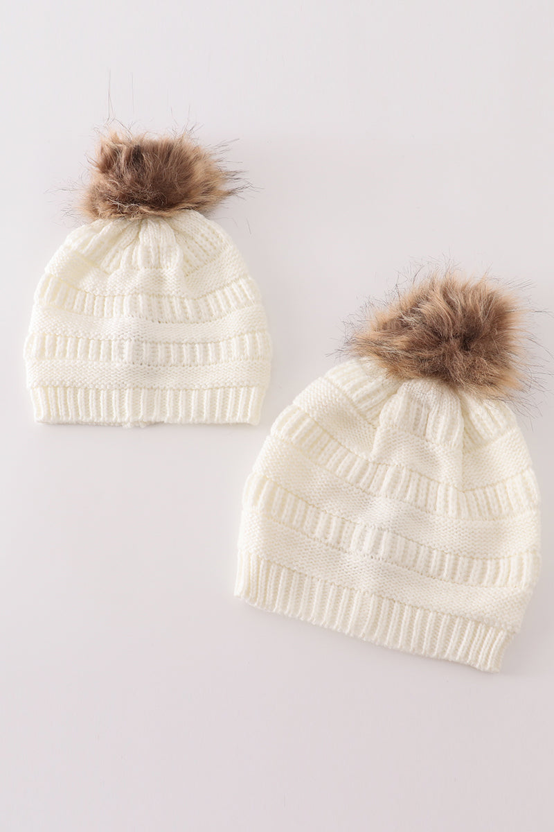 Ivory pompom cable beanie hat - 1