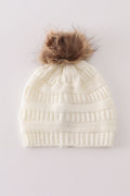 Ivory pompom cable beanie hat - 2
