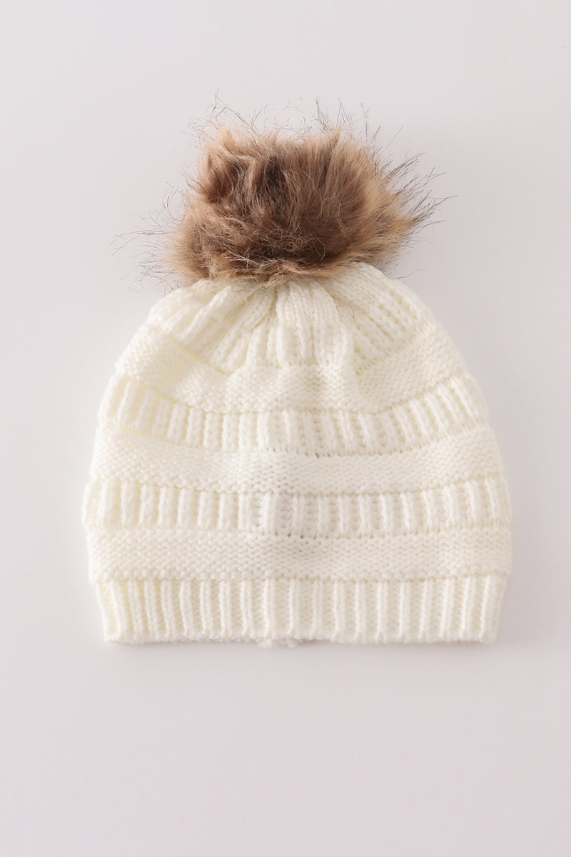 Ivory pompom cable beanie hat - 2