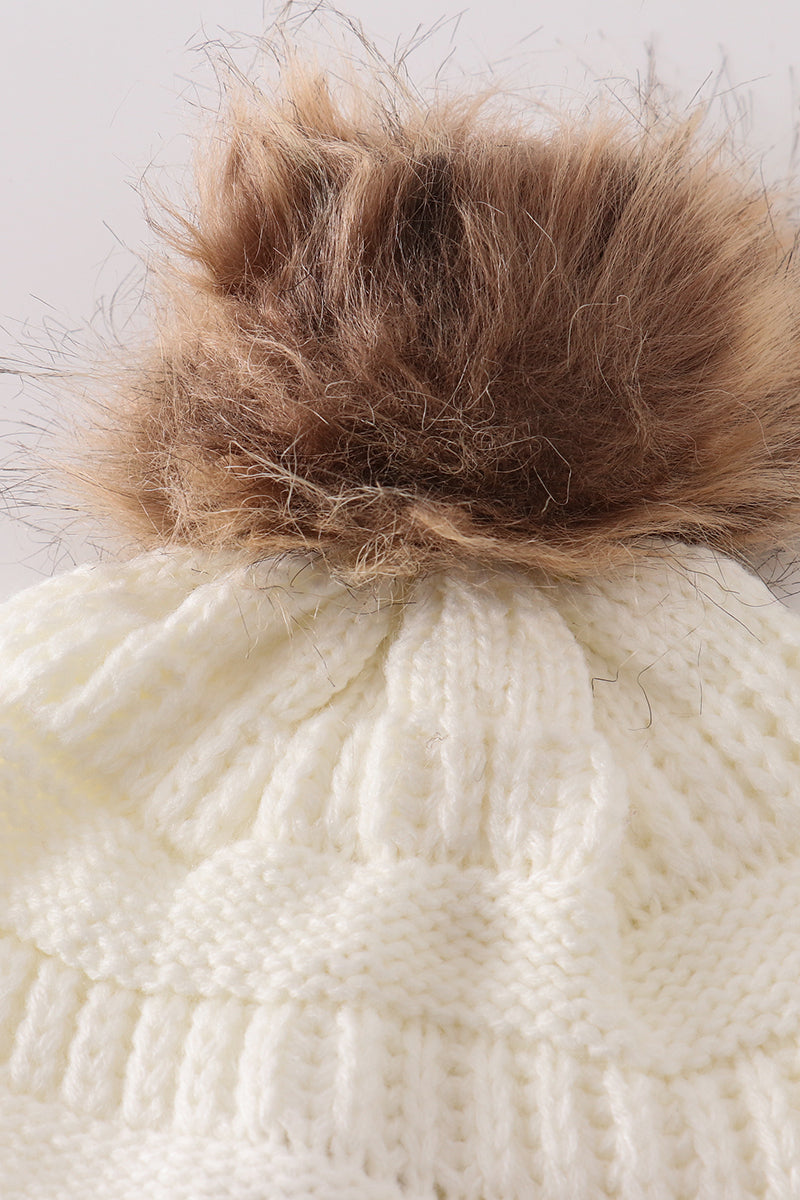 Ivory pompom cable beanie hat - 4