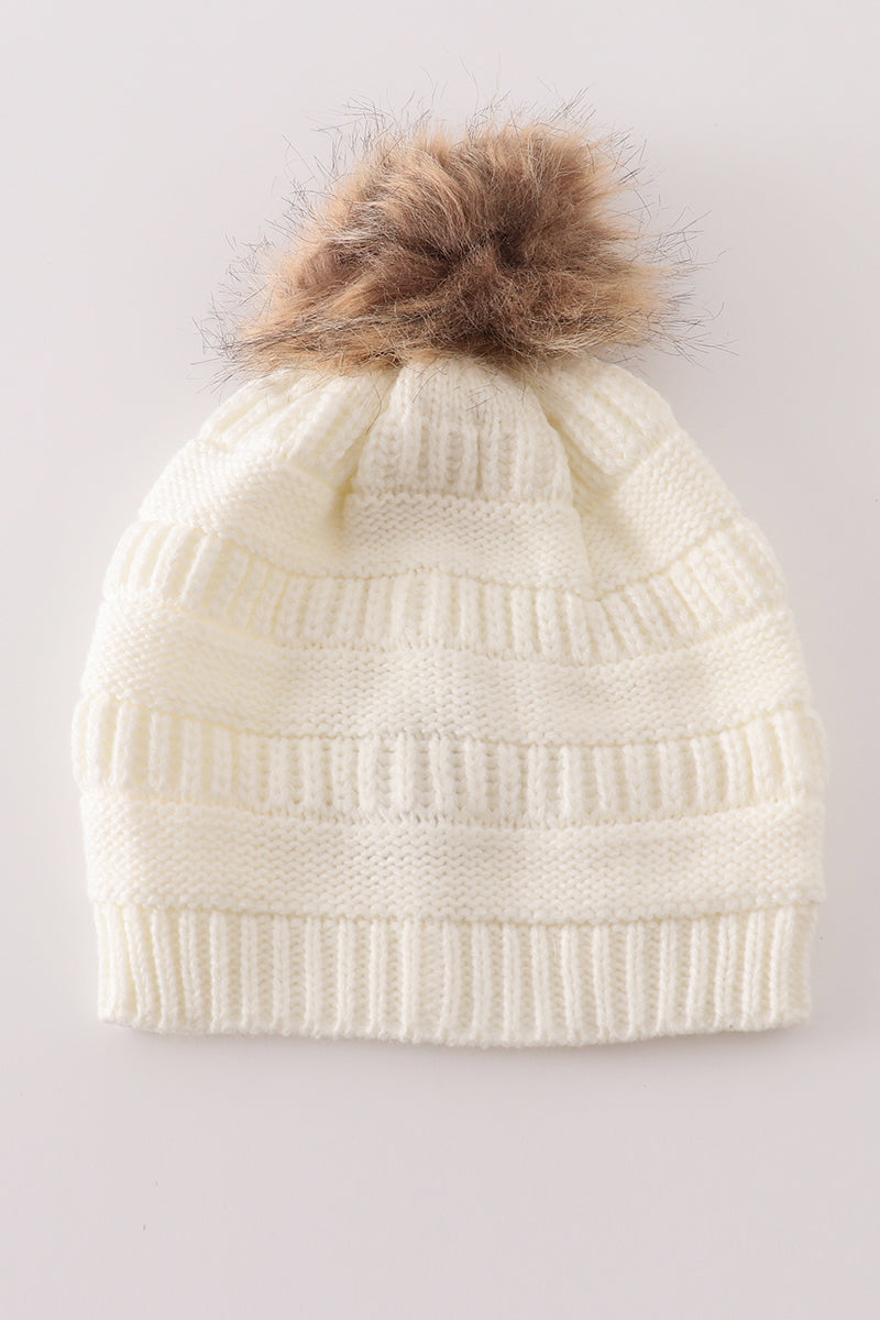 Ivory pompom cable beanie hat - 3