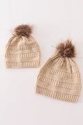 Beige pompom cable beanie hat - 1