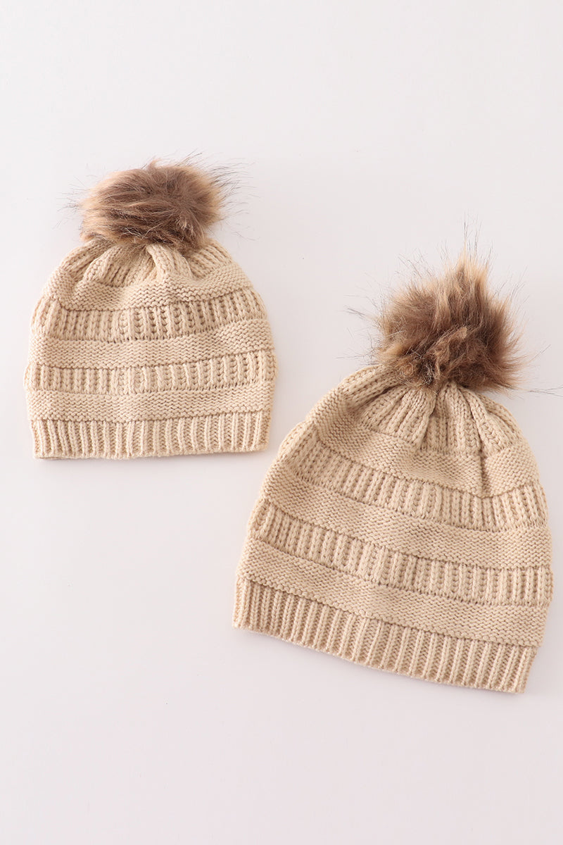 Beige pompom cable beanie hat - 1