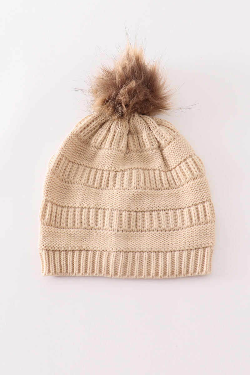 Beige pompom cable beanie hat - 2