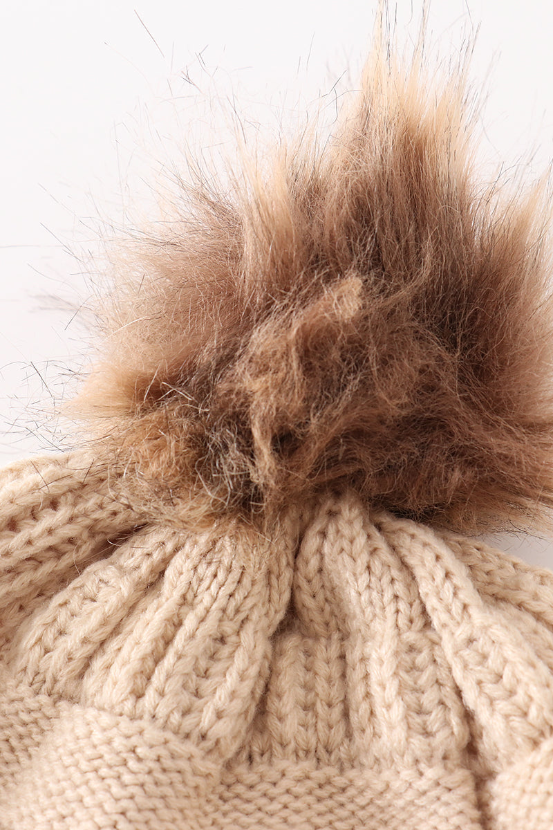 Beige pompom cable beanie hat - 4
