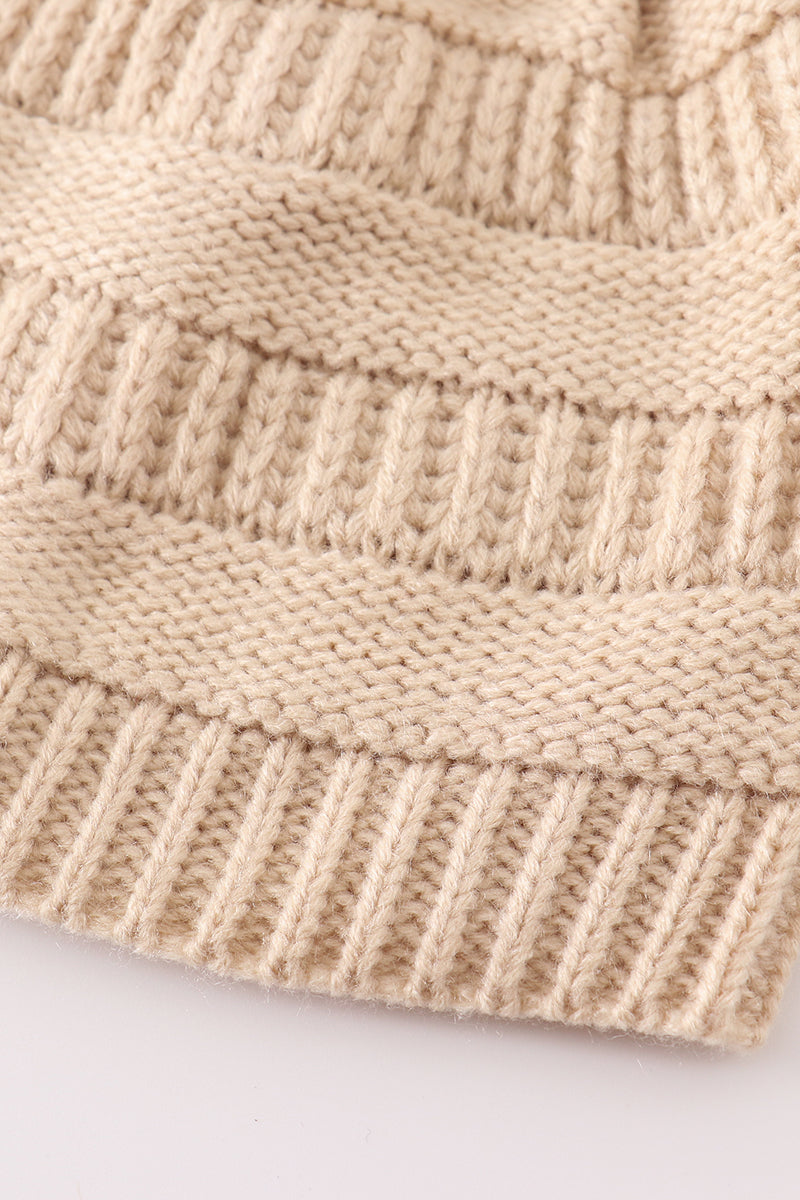 Beige pompom cable beanie hat - 5