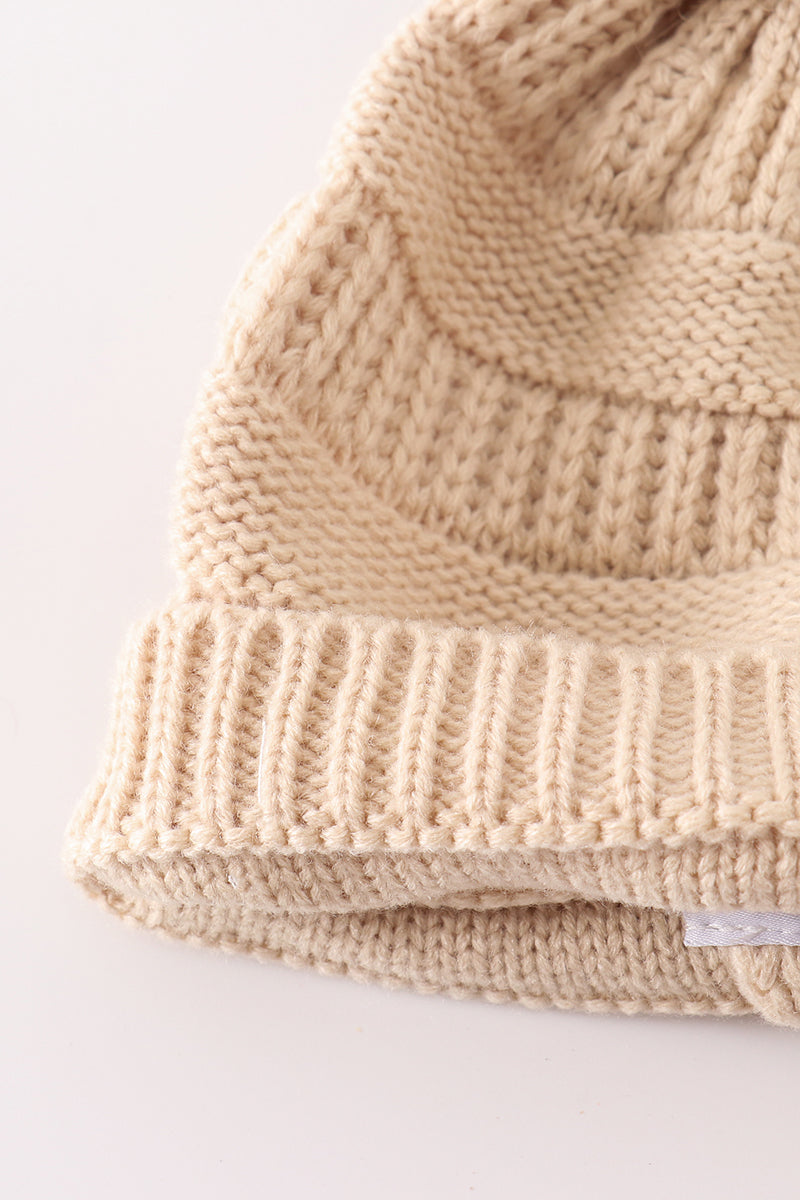Beige pompom cable beanie hat - 6