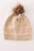 Beige pompom cable beanie hat - 3