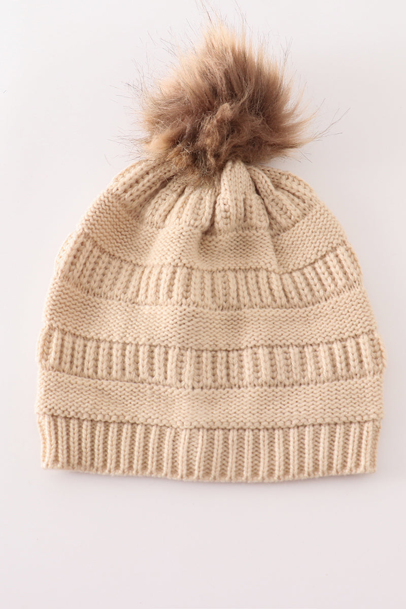 Beige pompom cable beanie hat - 3