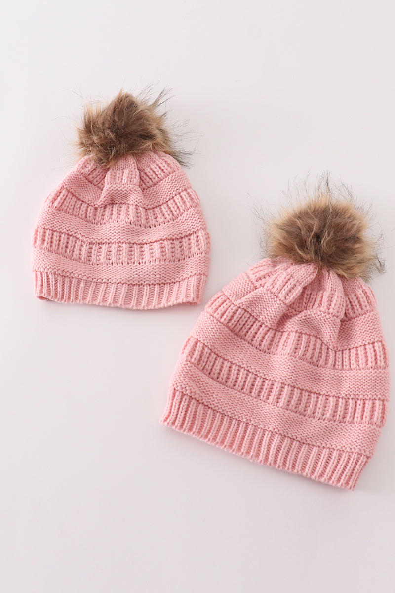 Pink pompom cable beanie hat - 1