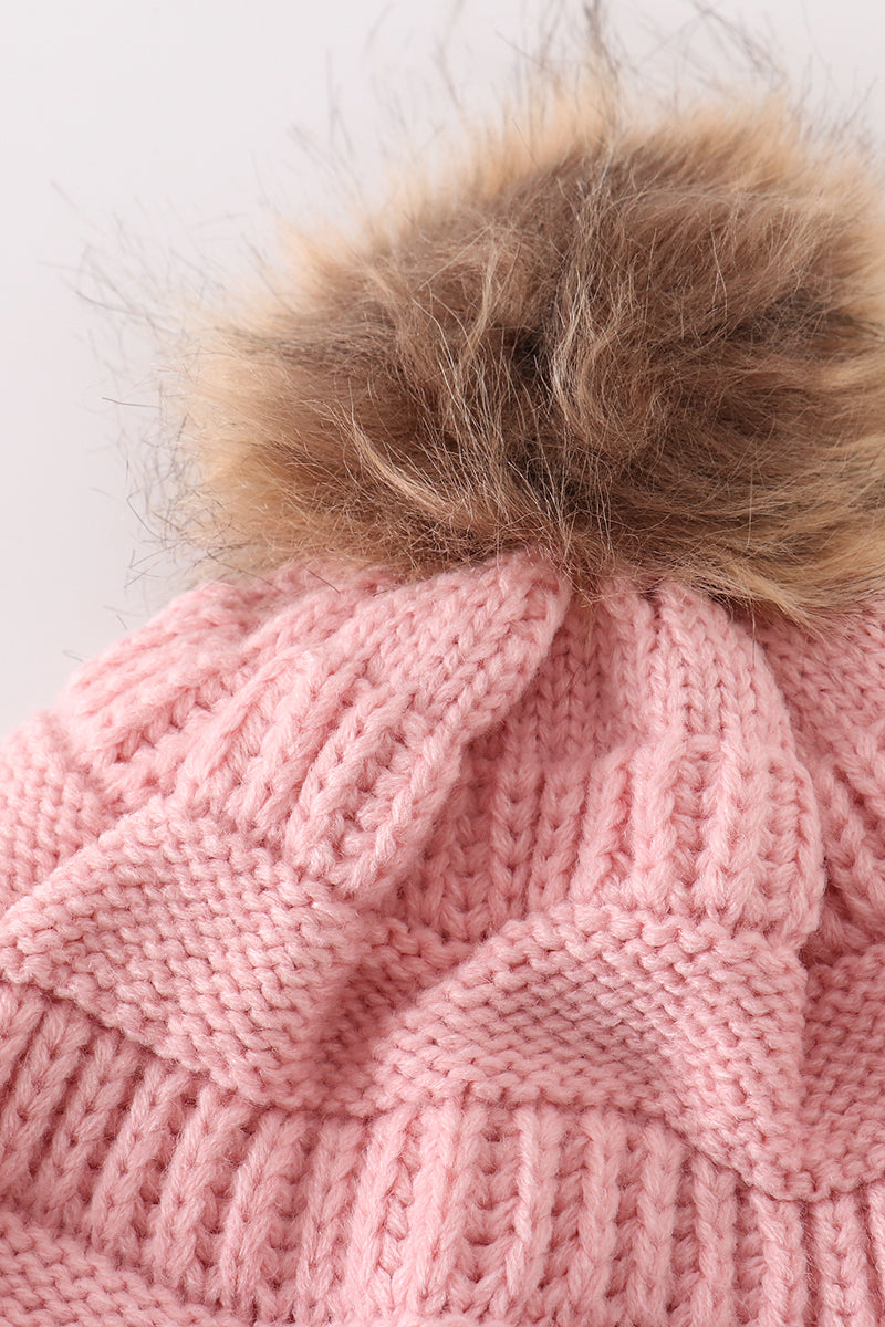 Pink pompom cable beanie hat - 4