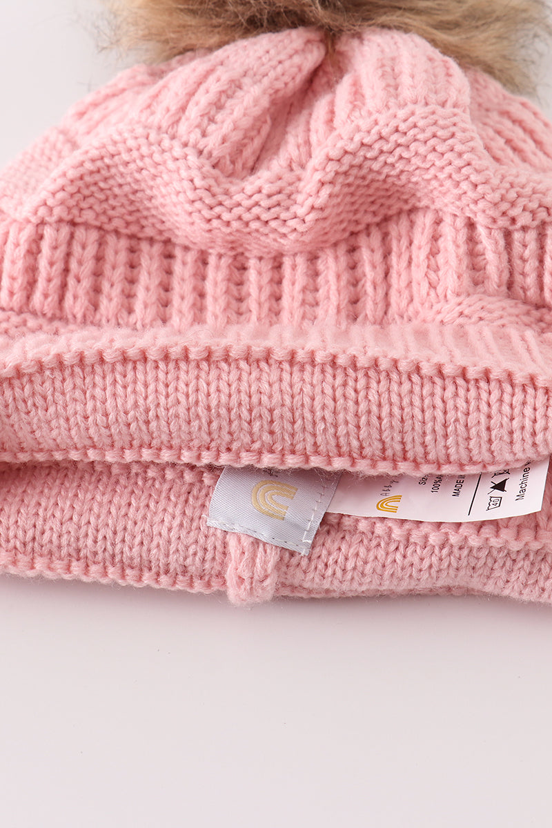 Pink pompom cable beanie hat - 7