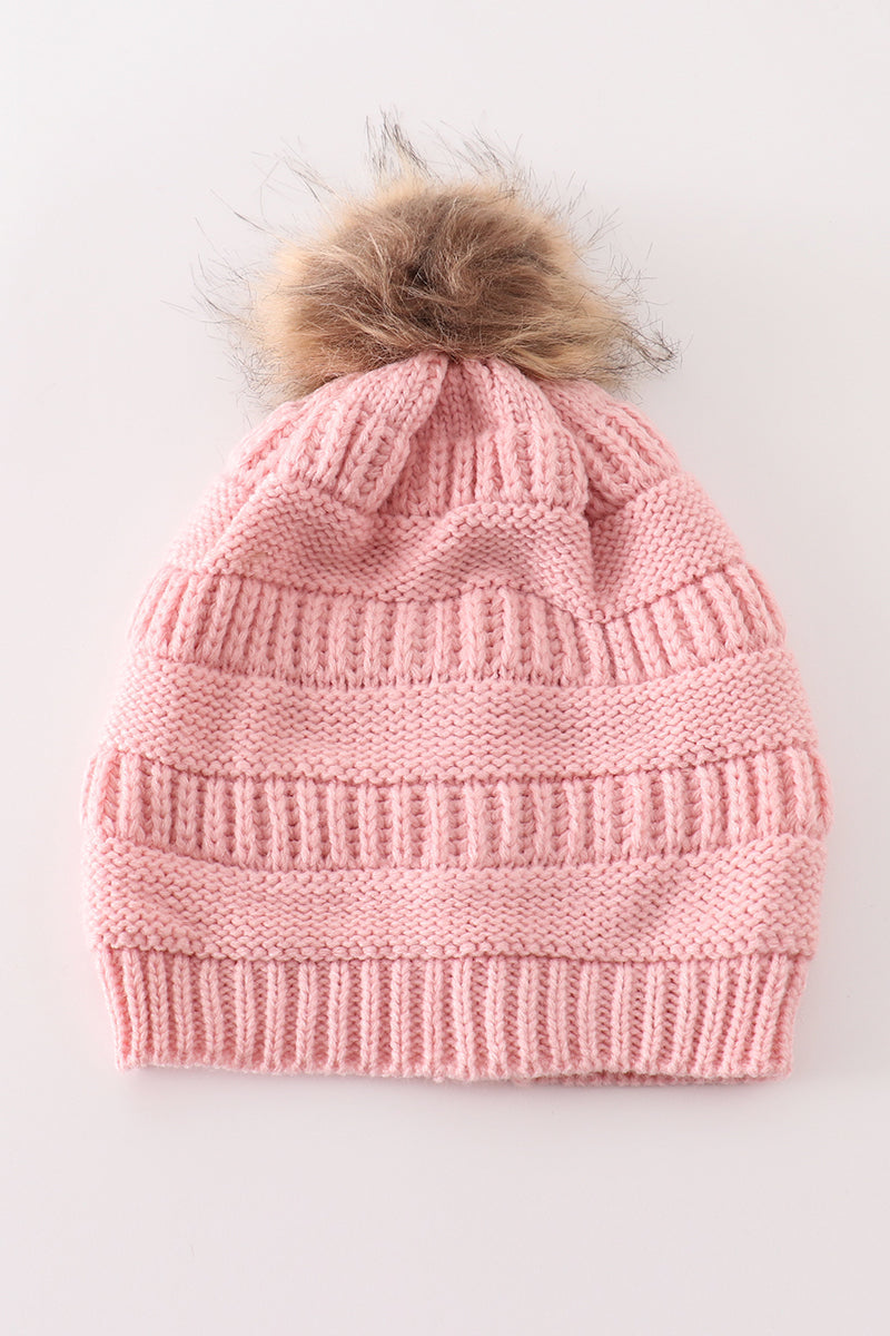 Pink pompom cable beanie hat - 3