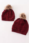 Burgundy pompom cable beanie hat - 1