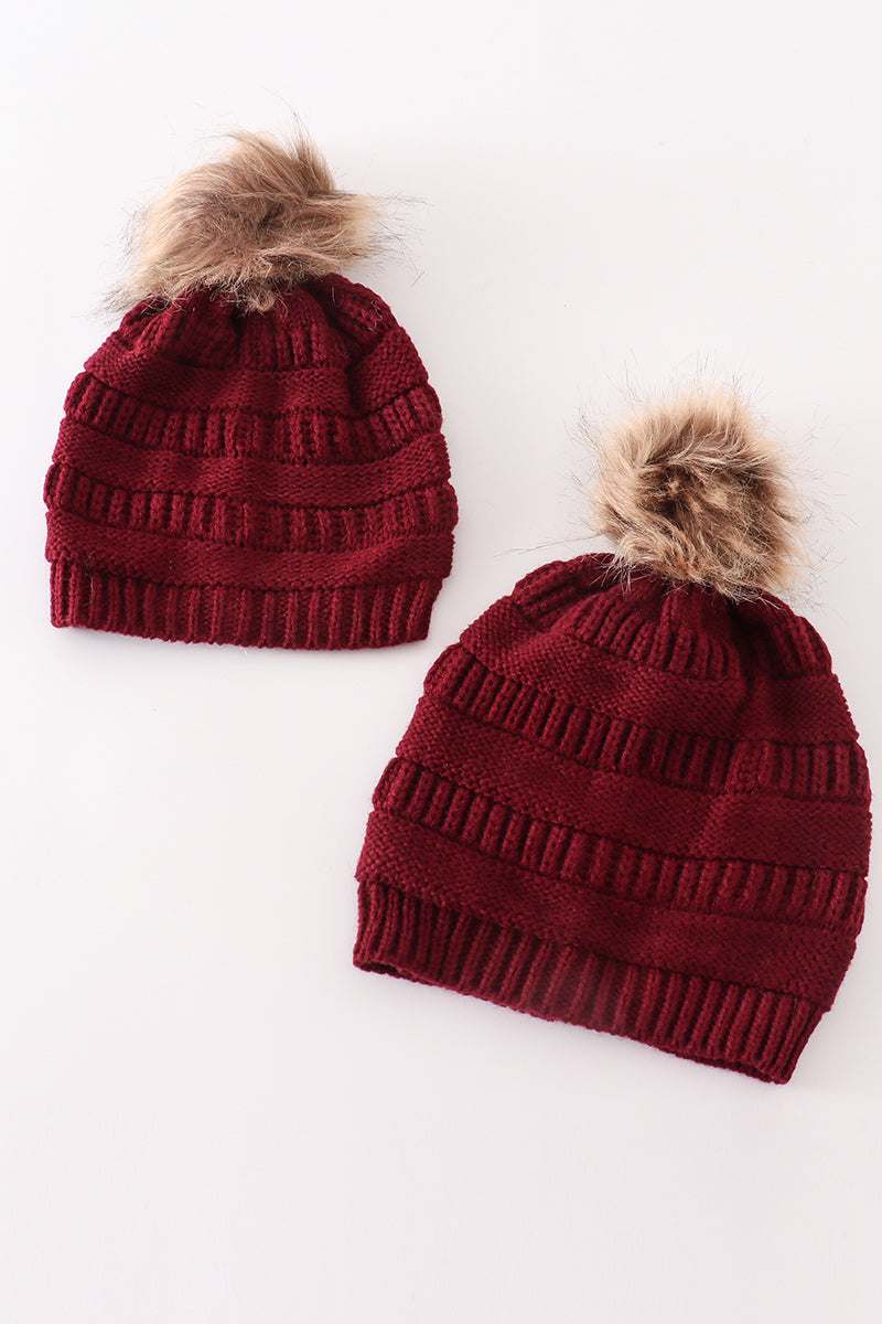 Burgundy pompom cable beanie hat - 1