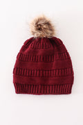 Burgundy pompom cable beanie hat - 2