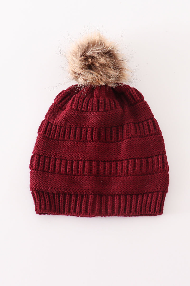 Burgundy pompom cable beanie hat - 2