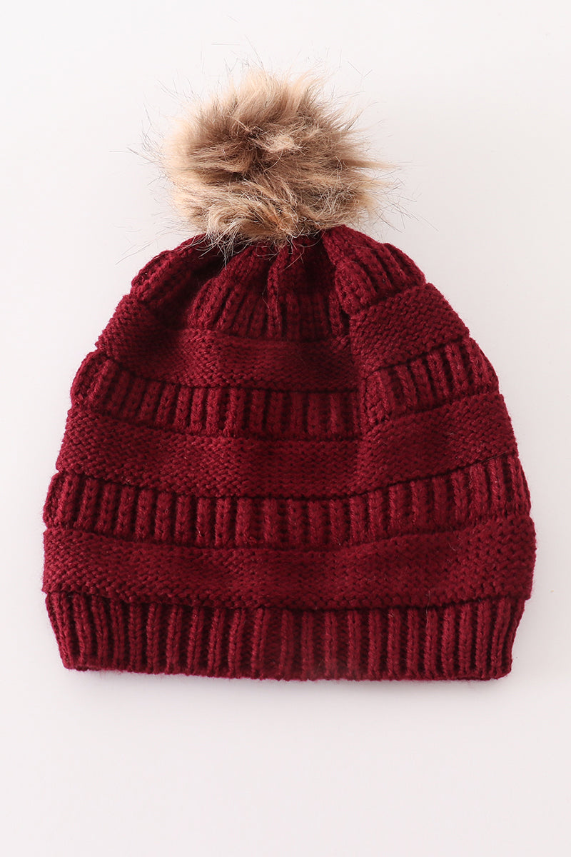 Burgundy pompom cable beanie hat - 3