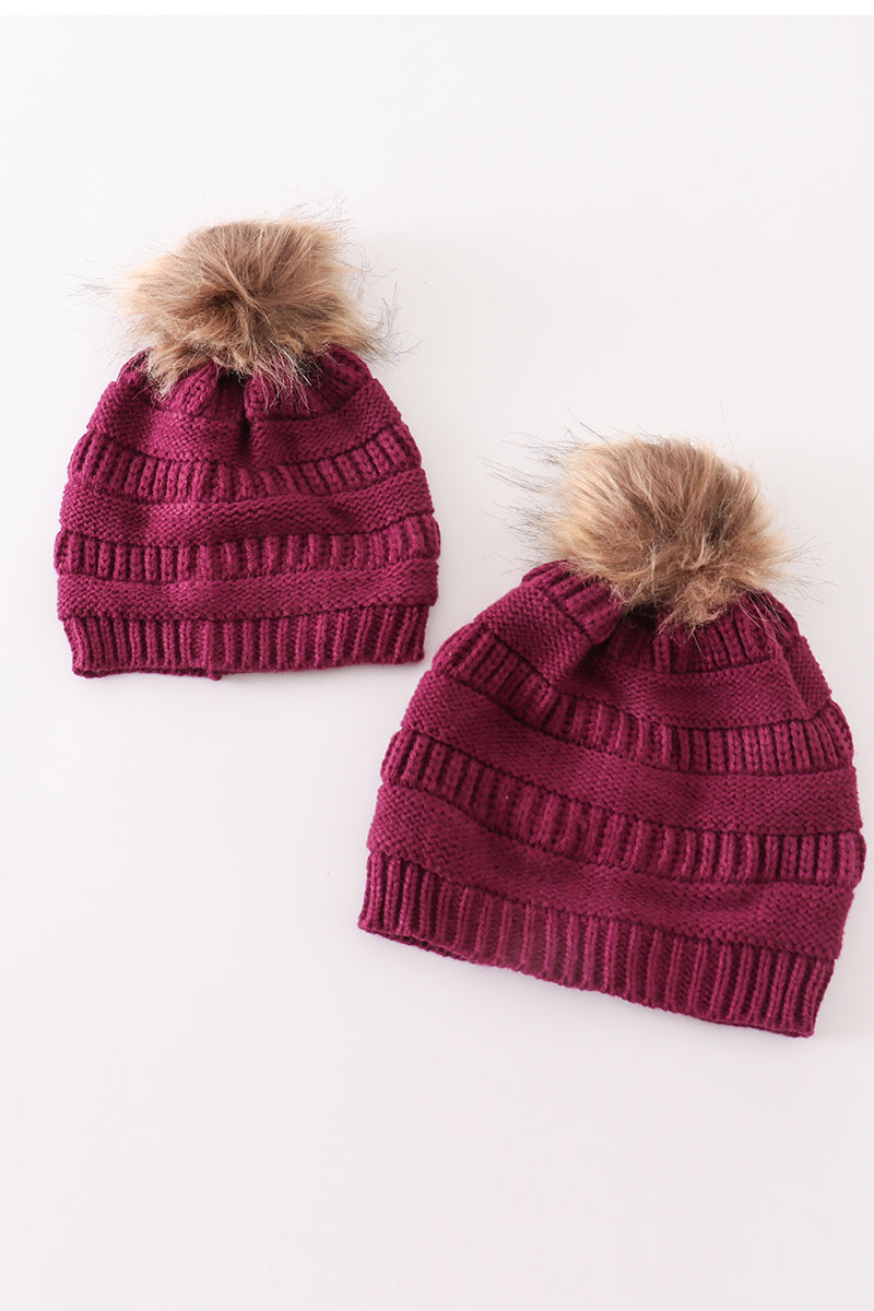 Violet pompom cable beanie hat - 1