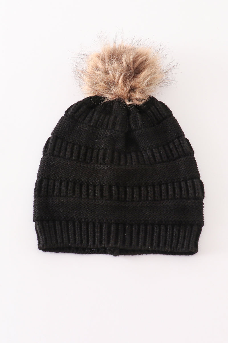 Black pompom cable beanie hat - 2