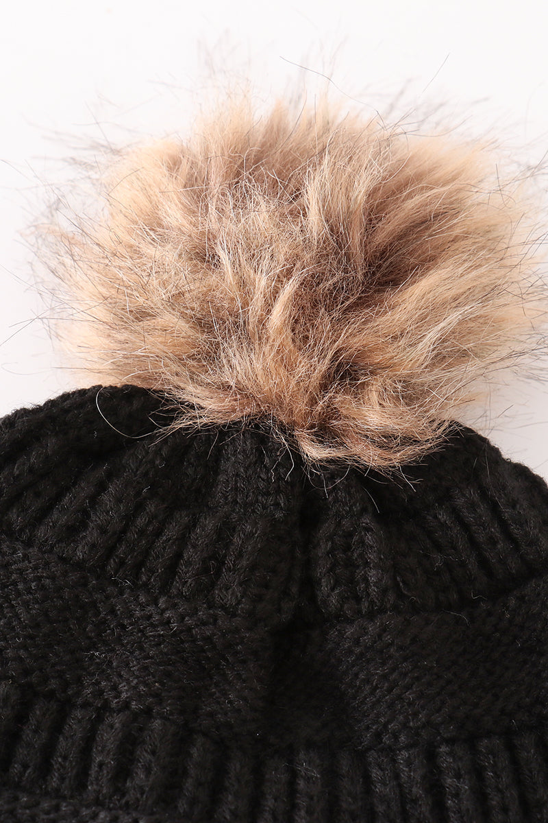 Black pompom cable beanie hat - 3