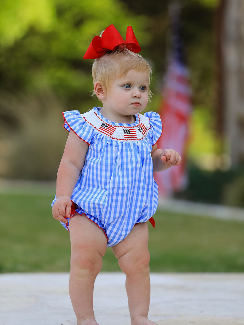 4th of july Flag Embroidery Smocking Girls Romper - 4