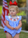 4th of july Flag Embroidery Smocking Girls Romper - 5