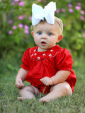 Girls Bow Smocking Embroidered Red Romper - 1
