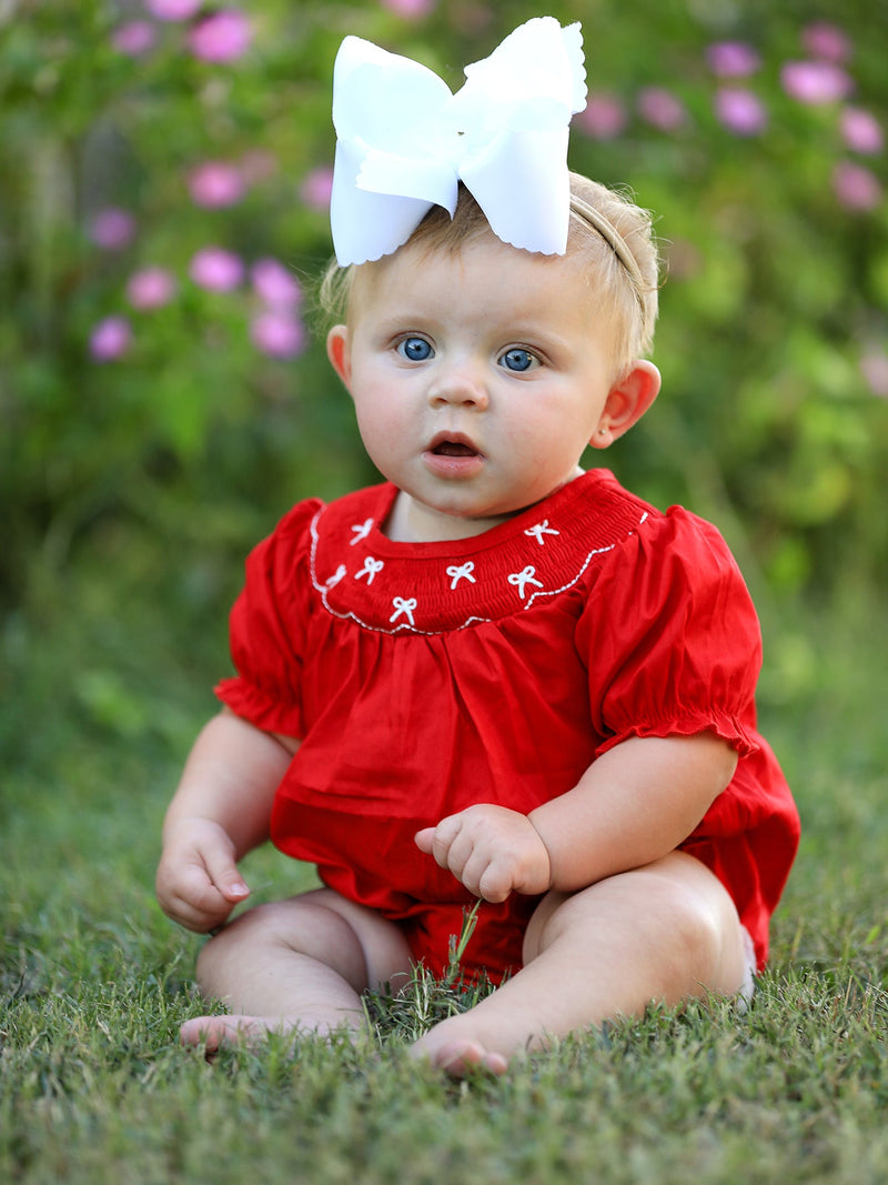 Girls Bow Smocking Embroidered Red Romper - 1