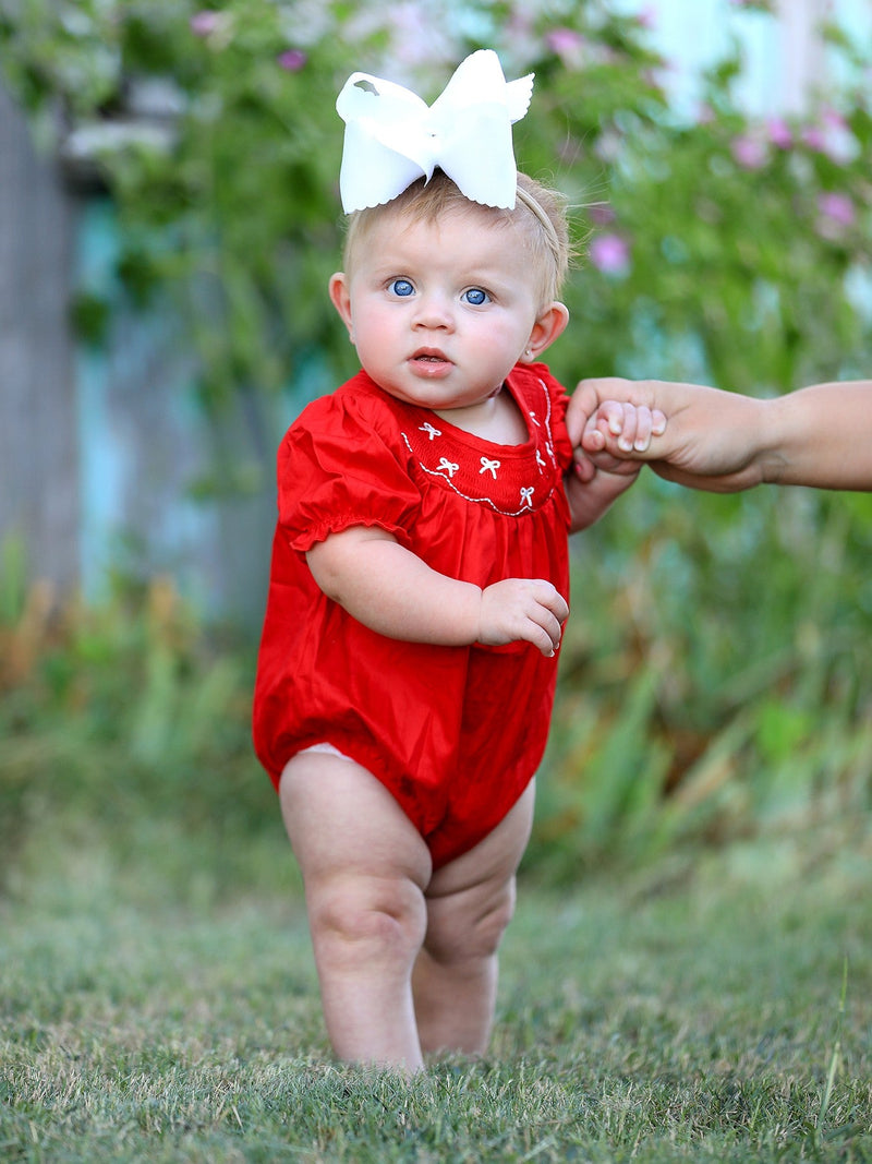 Girls Bow Smocking Embroidered Red Romper - 2