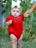 Girls Bow Smocking Embroidered Red Romper - 3