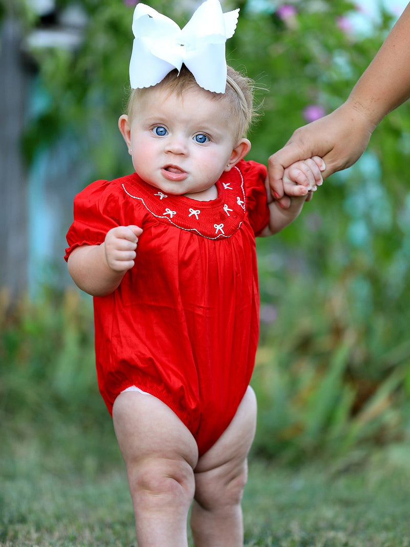 Girls Bow Smocking Embroidered Red Romper - 3