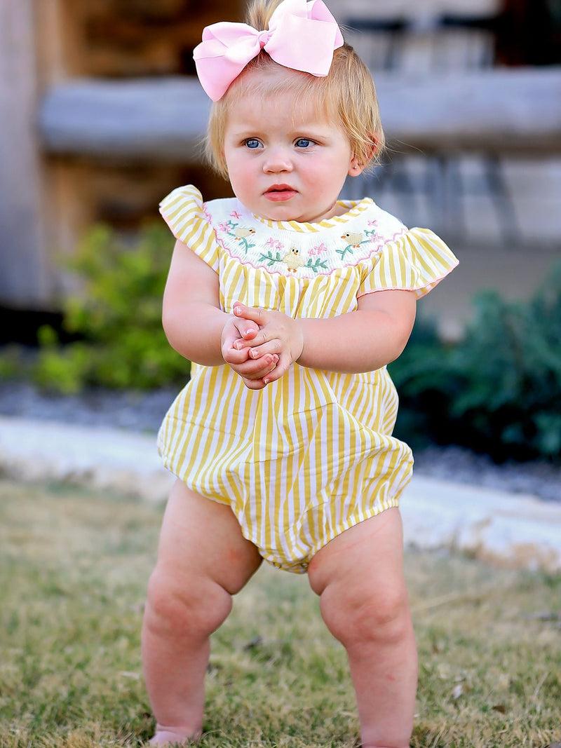 Spring/Summer Chick Floral Embroidery Smocking Girls Romper - 1