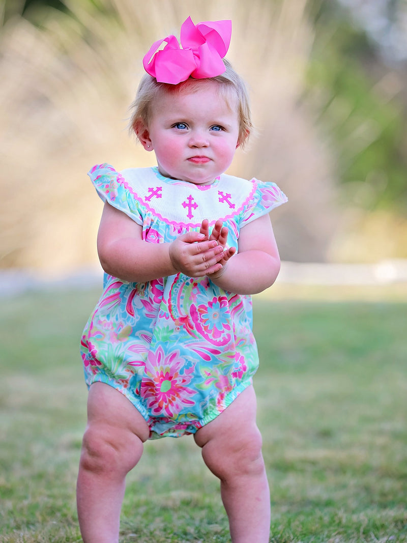Easter Cross Smocking Embroidery Baby Girl Romper - 2