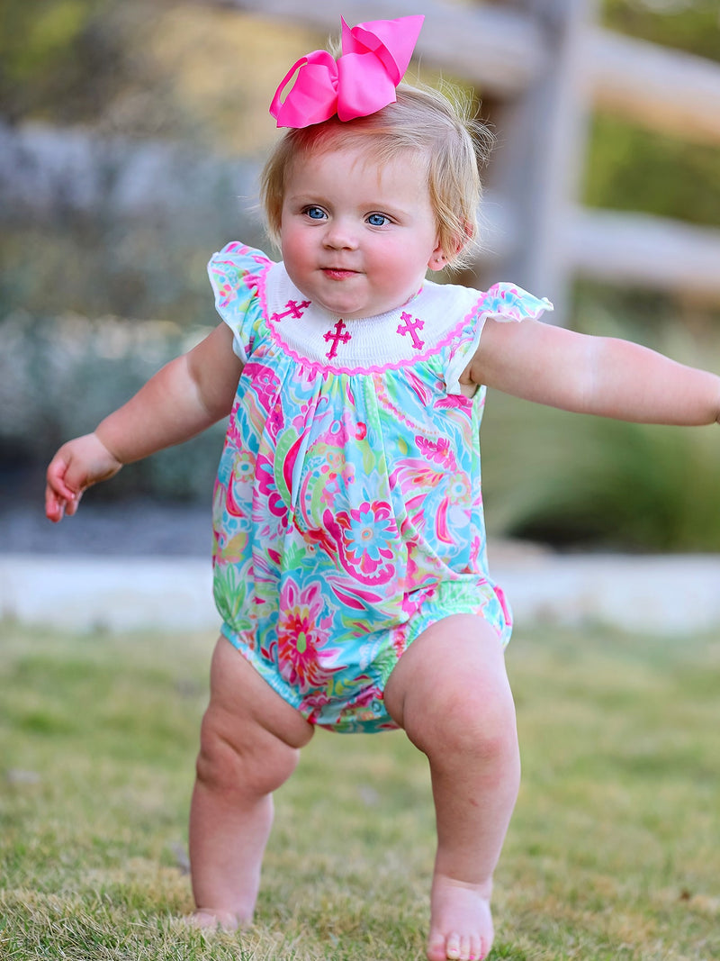 Easter Cross Smocking Embroidery Baby Girl Romper - 1
