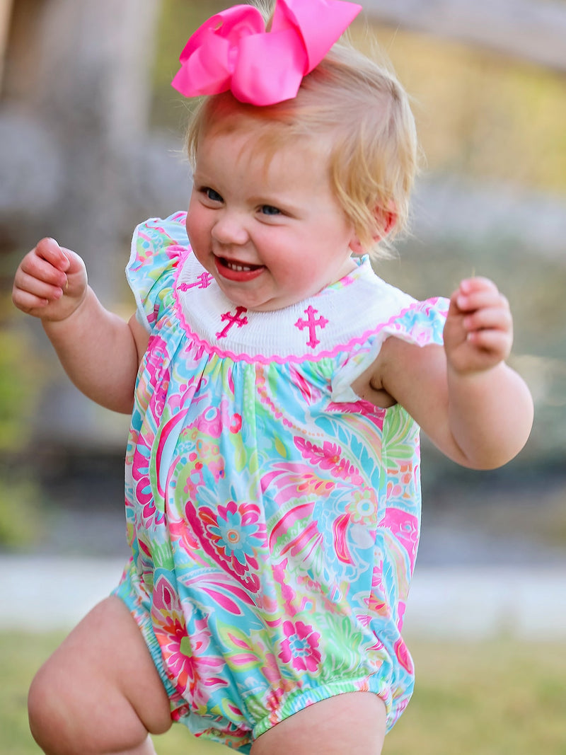 Easter Cross Smocking Embroidery Baby Girl Romper - 4