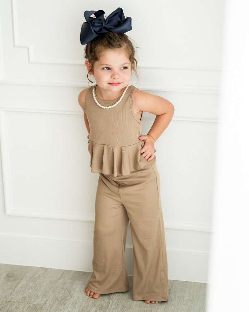 Hattie Peplum Top Two-Piece Wide Leg Set - Oatmilk - 1