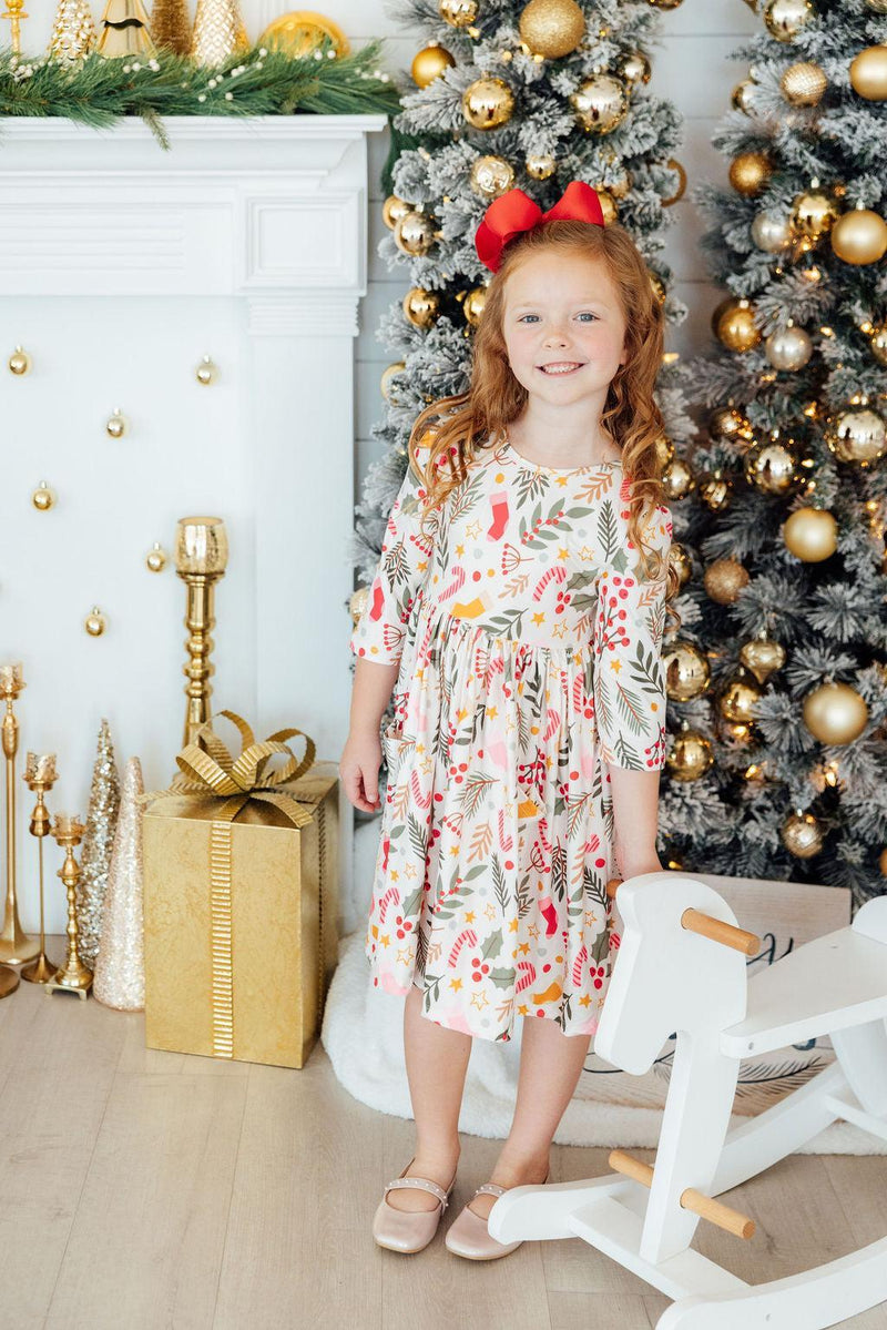 Holly Jolly Christmas 3/4 Sleeve Pocket Twirl Dress - 2