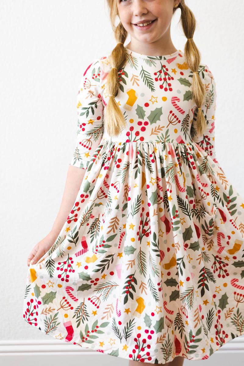 Holly Jolly Christmas 3/4 Sleeve Pocket Twirl Dress - 6