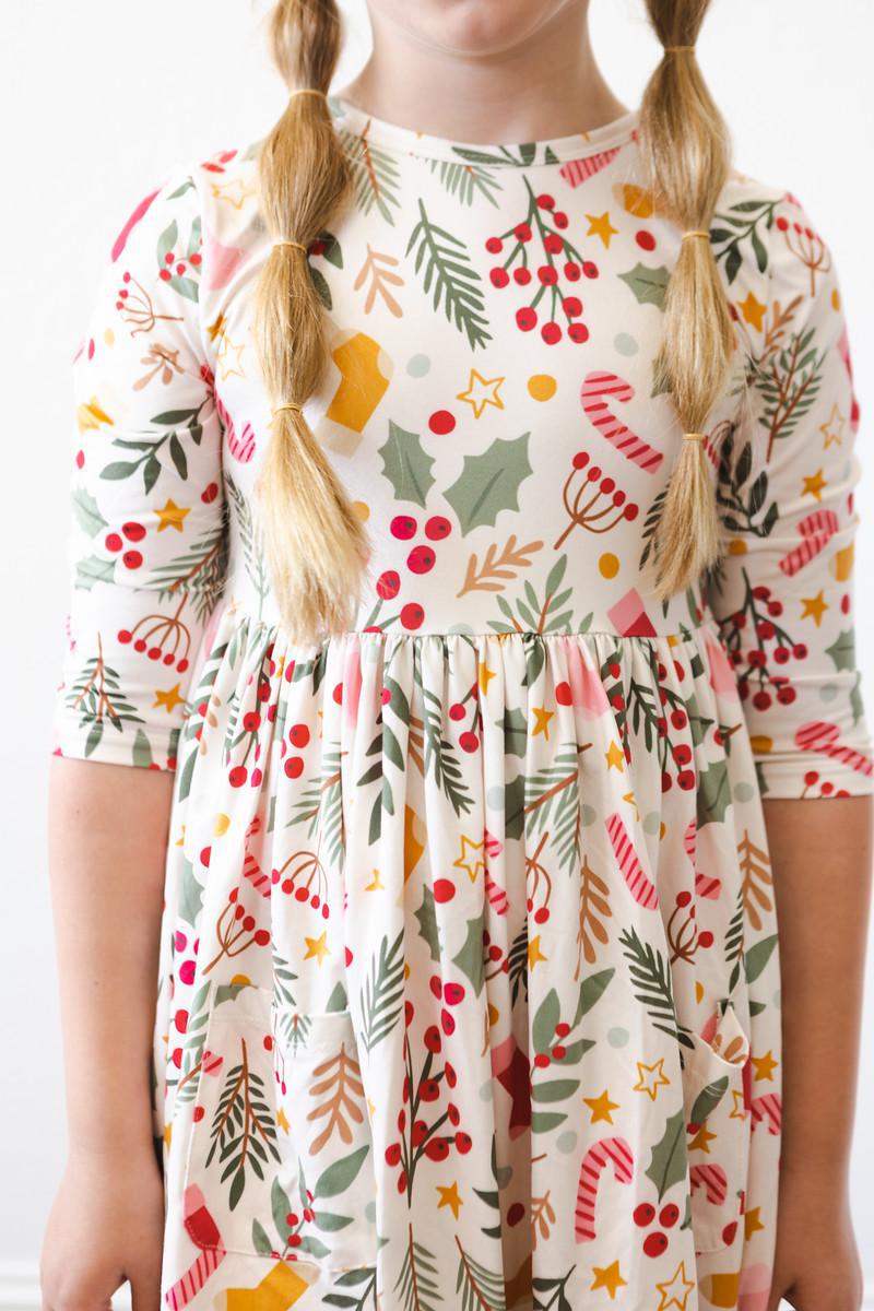Holly Jolly Christmas 3/4 Sleeve Pocket Twirl Dress - 8