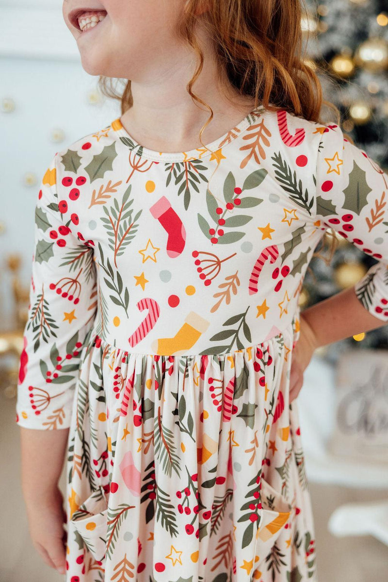 Holly Jolly Christmas 3/4 Sleeve Pocket Twirl Dress - 1