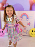 Back To School Plaid Crayon Embroidery Girls Dress Bow Puff Sleeve - 5