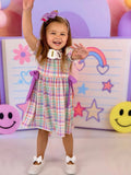 Back To School Plaid Crayon Embroidery Girls Dress Bow Puff Sleeve - 4