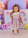 Back To School Plaid Crayon Embroidery Girls Dress Bow Puff Sleeve - 3