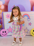 Back To School Plaid Crayon Embroidery Girls Dress Bow Puff Sleeve - 6